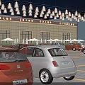 Commercial Street Night View With Hanging Illuminated Lanterns Modern Facade And Parked Cars