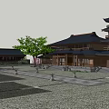 Traditional Ancient Building Courtyard Featuring Stone Path Green Trees And Classic Roofs