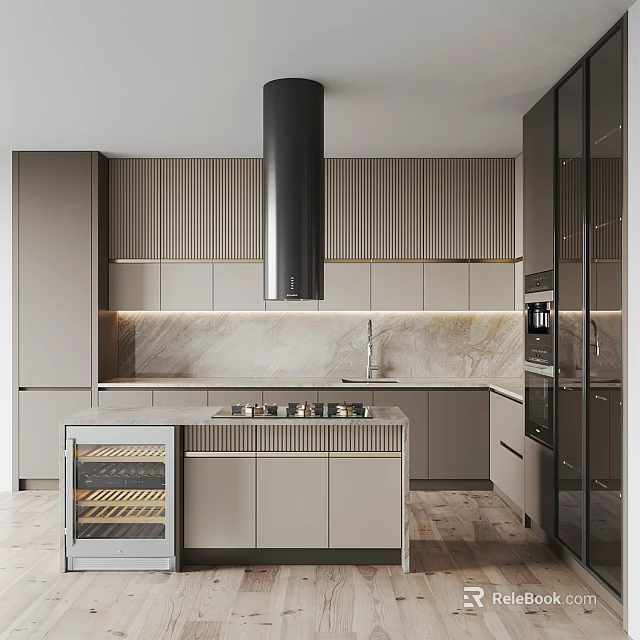 Modern Kitchen Interior With Black Range Hood Marble Backsplash And Wine Cooler 3d model 