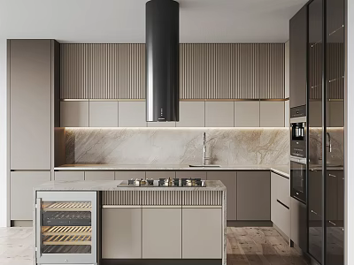 Modern Kitchen Interior With Black Range Hood Marble Backsplash And Wine Cooler 3d model