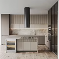 Modern Kitchen Interior With Black Range Hood Marble Backsplash And Wine Cooler 3d model