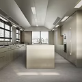 Modern Industrial Kitchen With Gray Cabinets Long Countertop And Window Blinds
