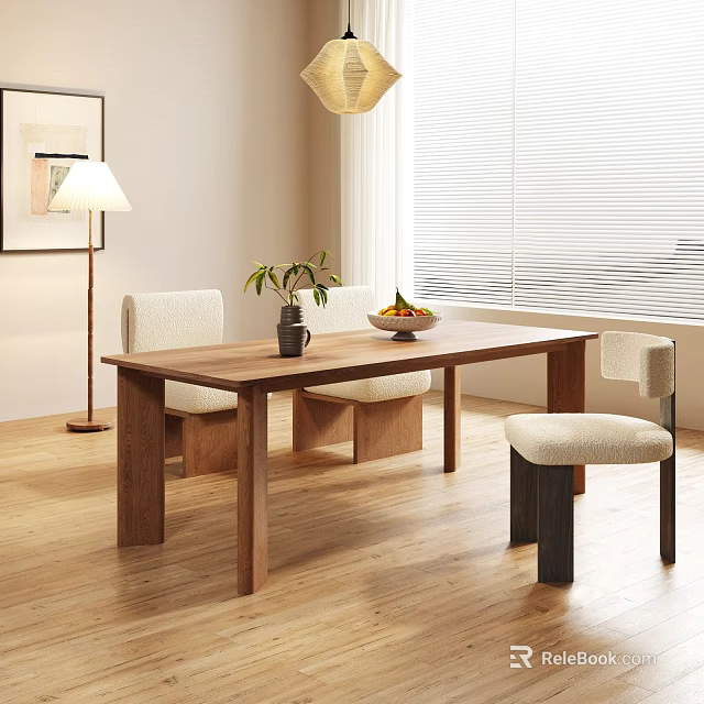 Modern Wooden Dining Table Set With Chairs Vase Fruit Bowl In Bright Room 3d model 