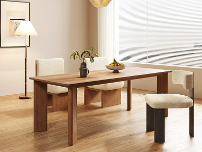 Modern Wooden Dining Table Set With Chairs Vase Fruit Bowl In Bright Room 3d model