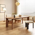 Modern Wooden Dining Table Set With Chairs Vase Fruit Bowl In Bright Room