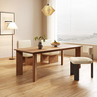Modern Wooden Dining Table Set With Chairs Vase Fruit Bowl In Bright Room 3d model