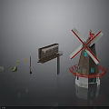 Red White Bladed Windmill With Billboard Traffic Light And Bench As Scenic Components