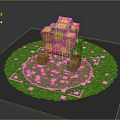 Character and Creature Pixel Style Cube Structure on Green Grass with Pink Flowers