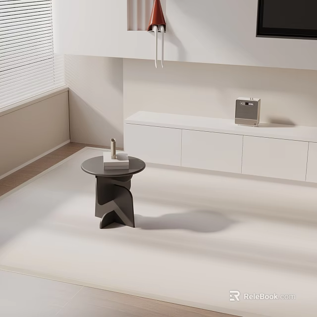 Black Geometric Side Table In Modern Minimalist Interior With White Cabinets And Decor Items 3d model 