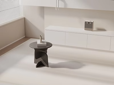 Black Geometric Side Table In Modern Minimalist Interior With White Cabinets And Decor Items 3d model