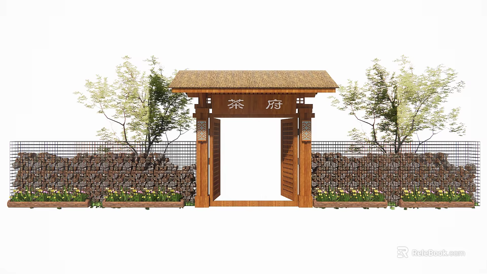 Traditional Wooden Entrance Gate of Cha Fu Featuring Thatched Roof Decorative Fence and Green Plants 3d model 