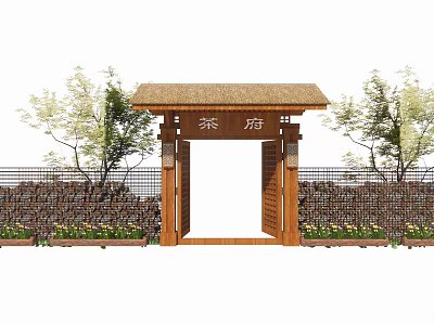 Traditional Wooden Entrance Gate of Cha Fu Featuring Thatched Roof Decorative Fence and Green Plants 3d model
