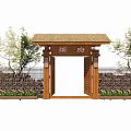 Traditional Wooden Entrance Gate of Cha Fu Featuring Thatched Roof Decorative Fence and Green Plants