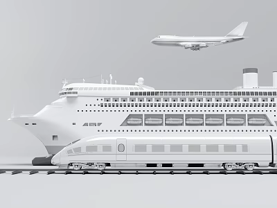 Cruise Ship Display With Airplane And Train In Minimal Scene 3d model