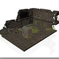 Modern Ruin Scene With Stone Walls Green Plants Slate Floor And Steps