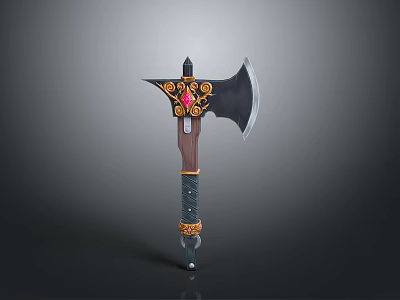 Ornate Battle Axe Weapon With Red Gemstone Wooden Handle And Metal Blade 3d model