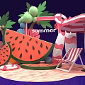 Summer Beach Scene With Watermelon Flamingo Palm Tree And Umbrella