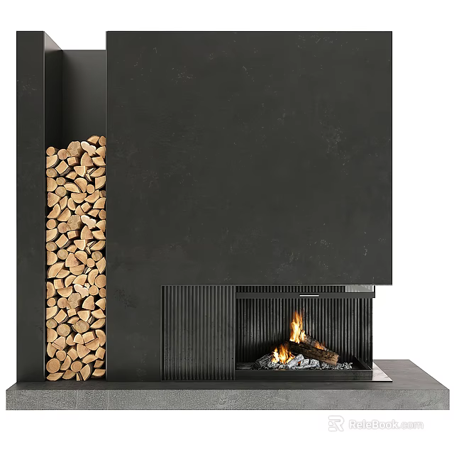 Modern Black Fireplace With Stacked Firewood Burning Flames Inside Vertical Stripe Detail 3d model 