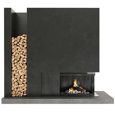 Modern Black Fireplace With Stacked Firewood Burning Flames Inside Vertical Stripe Detail 3d model