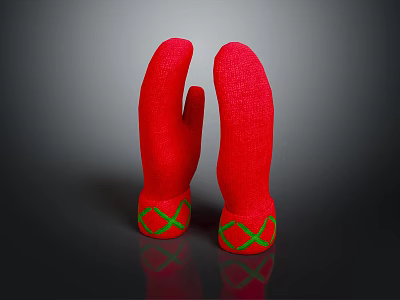 Warm Red Winter Gloves Featuring Green Cross Pattern On Cuffs 3d model