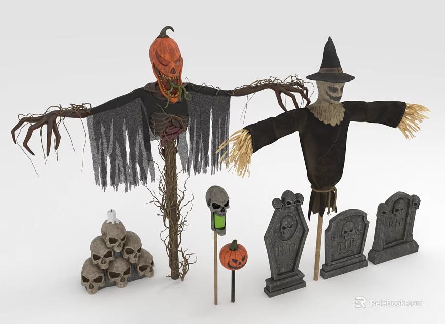 Halloween Scarecrows With Pumpkin Head Witch Hat Skulls And Tombstones Decor 3d model 