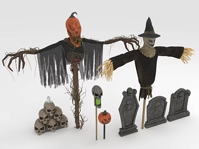 Halloween Scarecrows With Pumpkin Head Witch Hat Skulls And Tombstones Decor 3d model