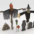 Halloween Scarecrows With Pumpkin Head Witch Hat Skulls And Tombstones Decor