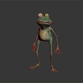3D Green Frog Character With Red Eyes Standing On Shiny Surface And Light Belly