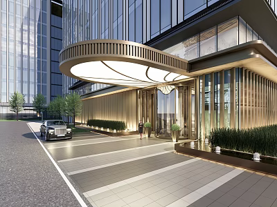 Modern Building Entrance Gate with Curved Canopy Glass Curtain Wall and Green Plants 3d model