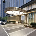Modern Building Entrance Gate with Curved Canopy Glass Curtain Wall and Green Plants