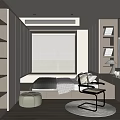 Modern Minimalist Tatami Bedroom with Wardrobe Desk Chair Window Blinds and Wooden Floor