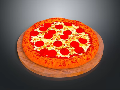 Fresh Pepperoni Pizza With Golden Crust On Wooden Board And Melted Cheese 3d model