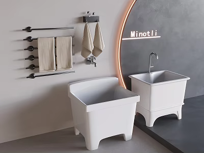 Modern Bathroom Accessories With White Wash Basins Towel Racks And Minotli Towels 3d model
