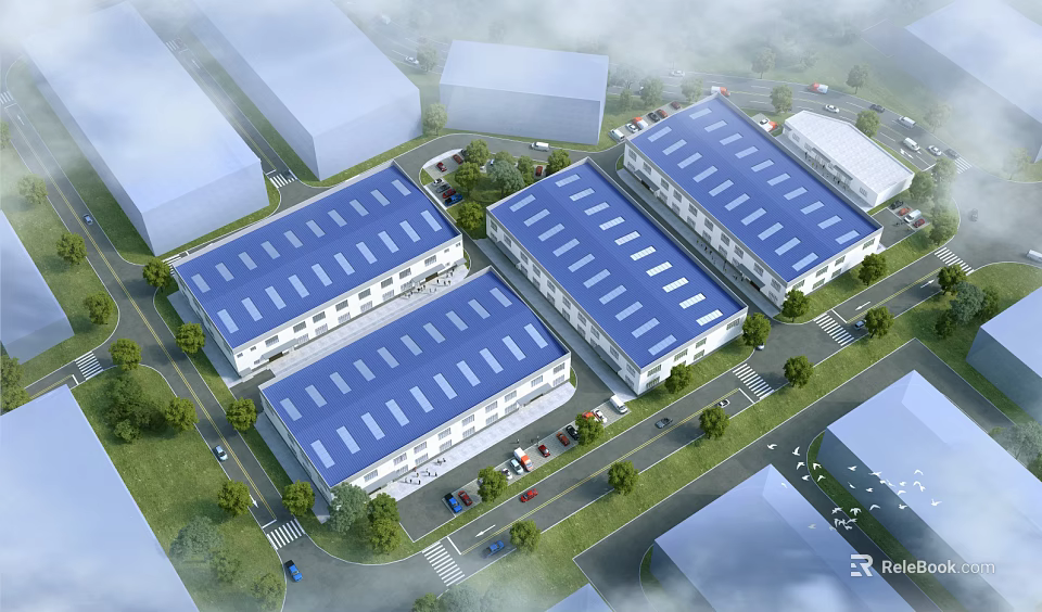Modern Industrial Factory Complex With Blue Roof Multiple Buildings Greenery And Parking Area 3d model 