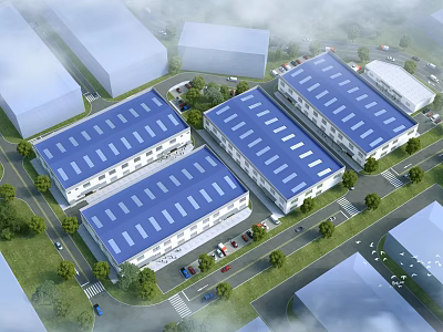 Modern Industrial Factory Complex With Blue Roof Multiple Buildings Greenery And Parking Area 3d model