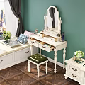 White Dressing Table With Mirror Green Stool Decorative Items By Green Wall Window City View 3d model