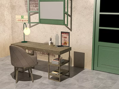 Vintage Study Desk And Chair With Table Lamp Books Mobile Phone And Poster Near Window 3d model