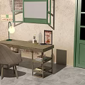 Vintage Study Desk And Chair With Table Lamp Books Mobile Phone And Poster Near Window