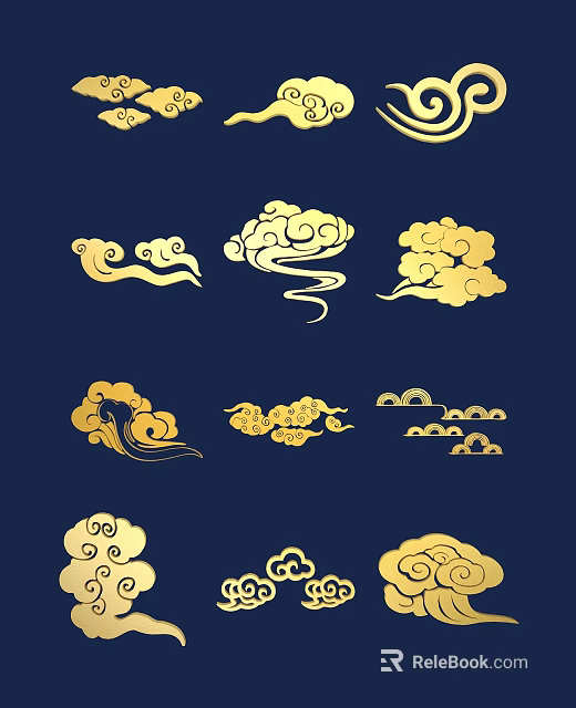 Golden Cloud Carvings On Dark Blue Background With Various Patterns 3d model