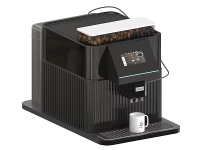 Sleek Black Coffee Machine Kitchen Appliance With Digital Display White Mug And Coffee Beans 3d model