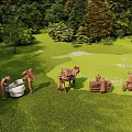 Urban Sculptures In Modern City Square With Trees Buildings And Vehicles