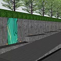 Modern Landscape Wall With Stone Surface Flowing Water And Green Trees
