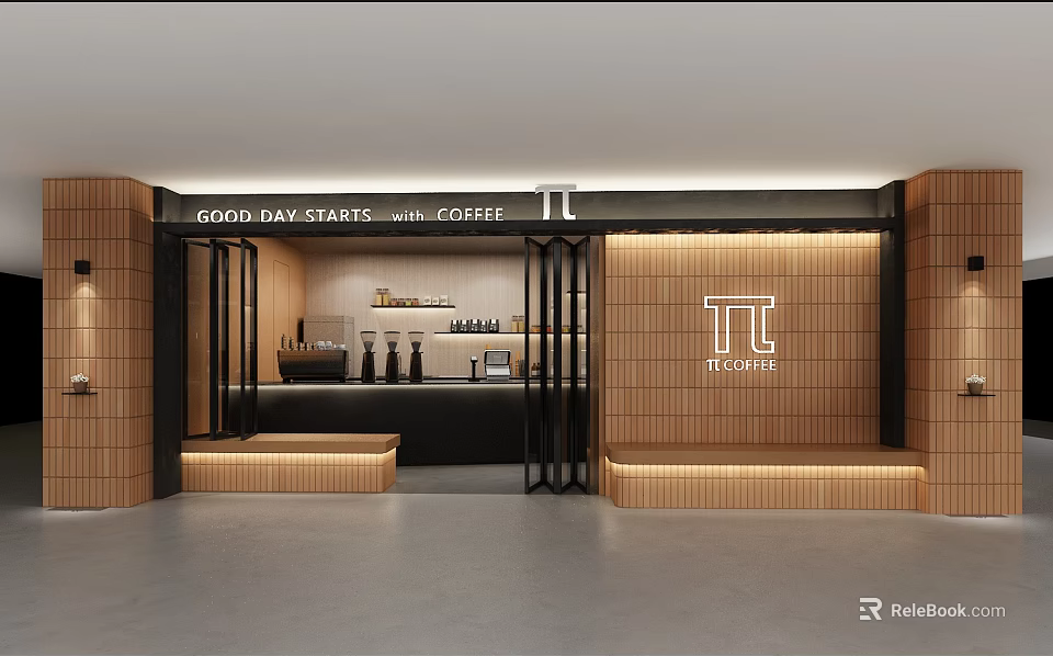 TT Milk Tea Shop Interior With Wooden Walls Black Counter TT Logo And Cozy Seating 3d model 