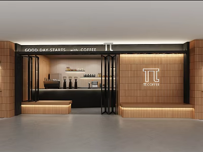TT Milk Tea Shop Interior With Wooden Walls Black Counter TT Logo And Cozy Seating 3d model