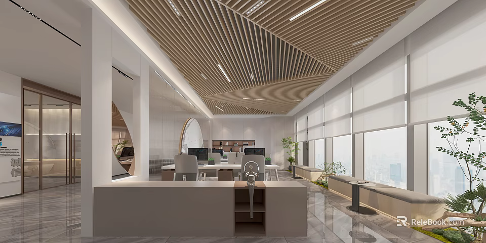 Modern Public Office Area With Open Layout Wooden Ceiling Office Desks And Large Windows 3d model 