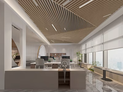Modern Public Office Area With Open Layout Wooden Ceiling Office Desks And Large Windows 3d model
