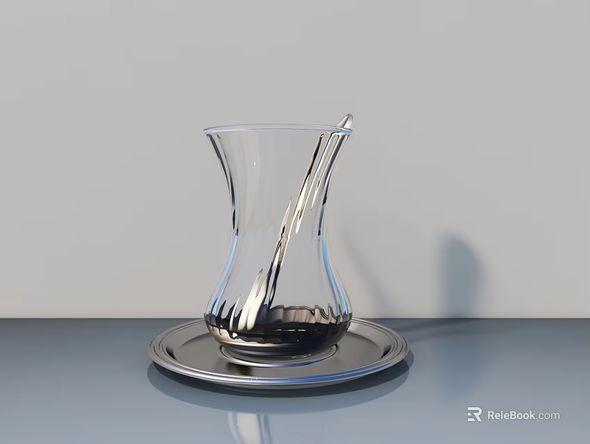 Transparent Glass Vase On Silver Tray With Gray Background Surface 3d model 