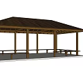 Wooden Garden Pavilion With Brown Roof And Benches On White Platform
