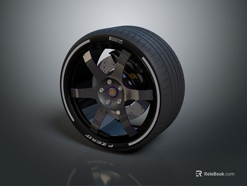 High Performance Automotive Tire With Black Alloy Rim And Five Spoke Design 3d model 