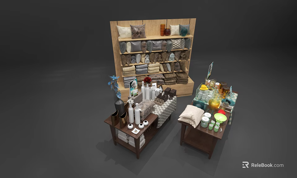 Wooden Display Shelves With Home Decor Items Towels And Bottles For Retail Showcase Setup 3d model 